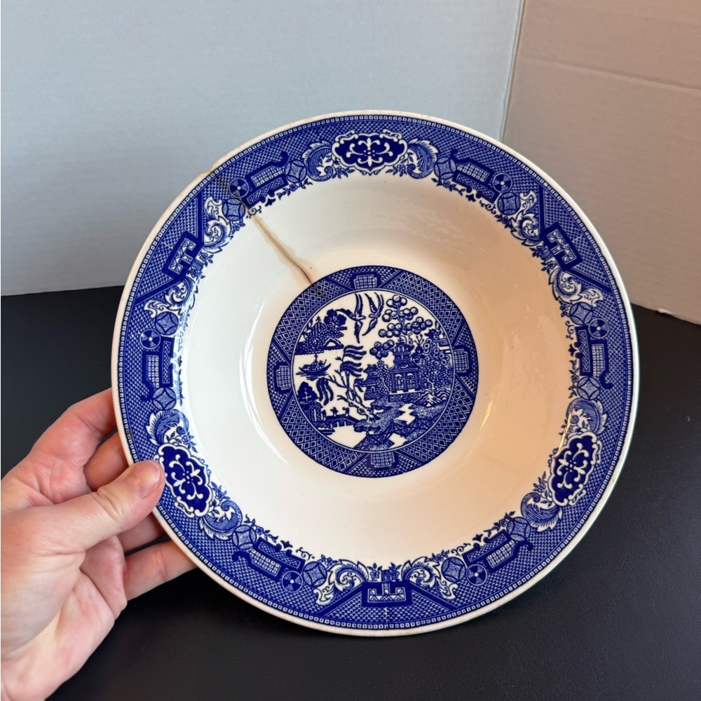 Willow Ware Blue and White Porcelain Serving Bowl